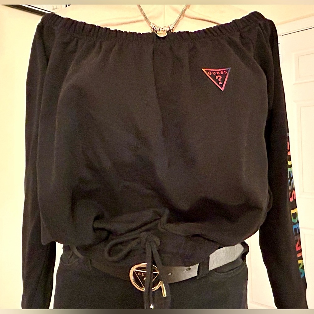 SALE•Guess Rainbow 🌈 Logo Crop Sweatshirt w Drawstring - Picture 8 of 15